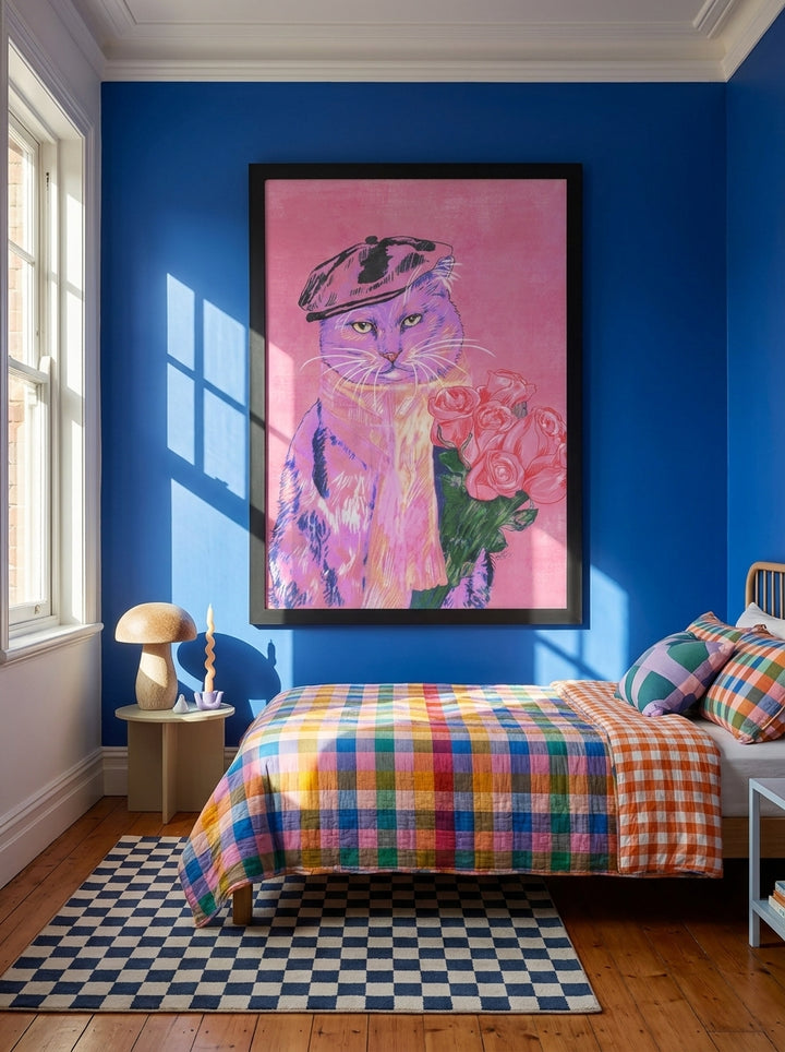 Oversized statement modern wall art print styled on the wall in a colourful eclectic bedroom