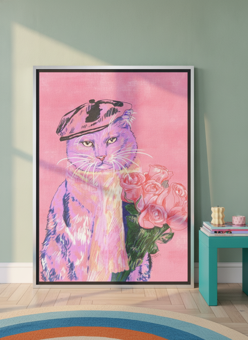 Oversized statement canvas wall art with a silver leaf surround leaning against the wall in a colourful eclectic living room