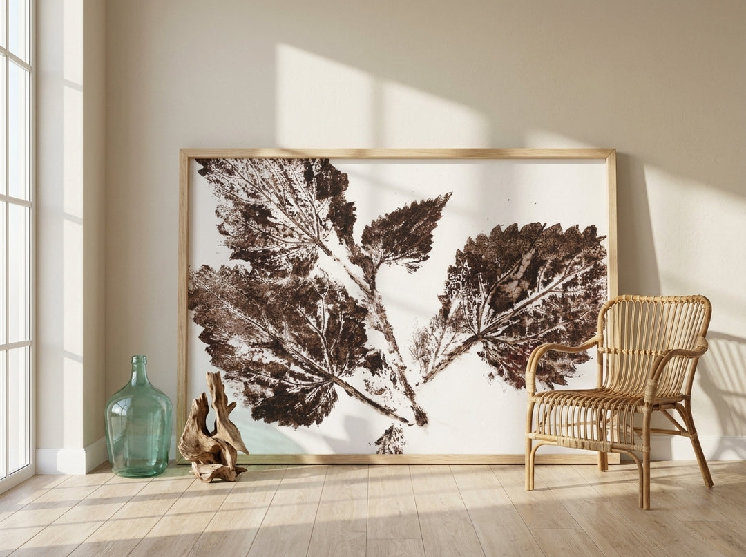 Oversized statement modern wall art print leaning against the wall in a coastal dining room