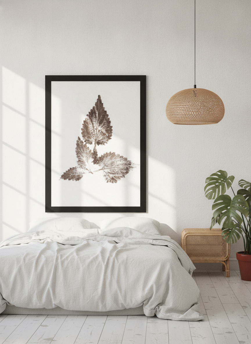 Oversized statement modern wall art print styled on the wall in a bright Scandinavian bedroom