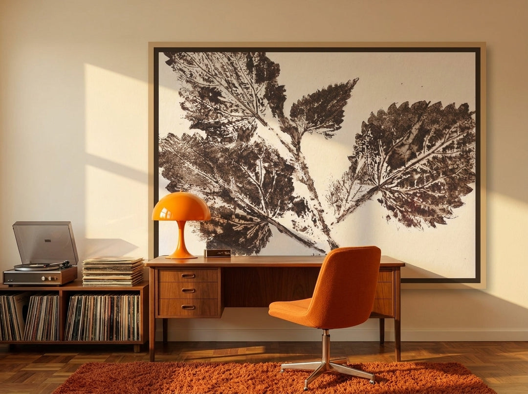 Canvas wall art with a natural timber surround styled on the wall in a retro 70s home office