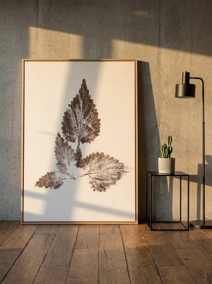 Oversized statement canvas wall art with a natural timber surround leaning against the wall in an industrial loft dining room