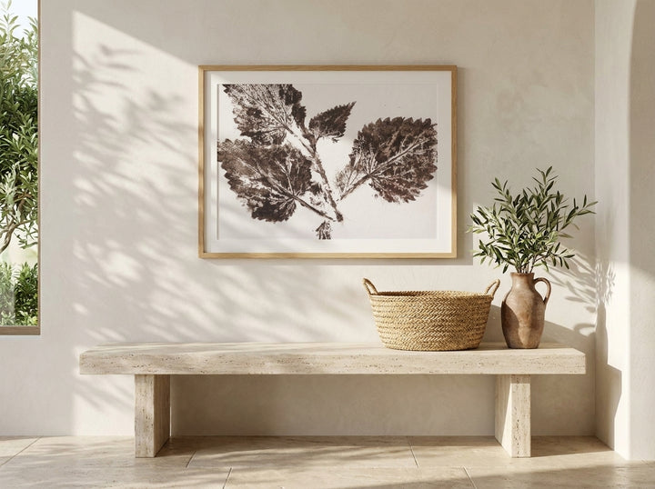 Modern wall art print styled on the wall in a Mediterranean living room