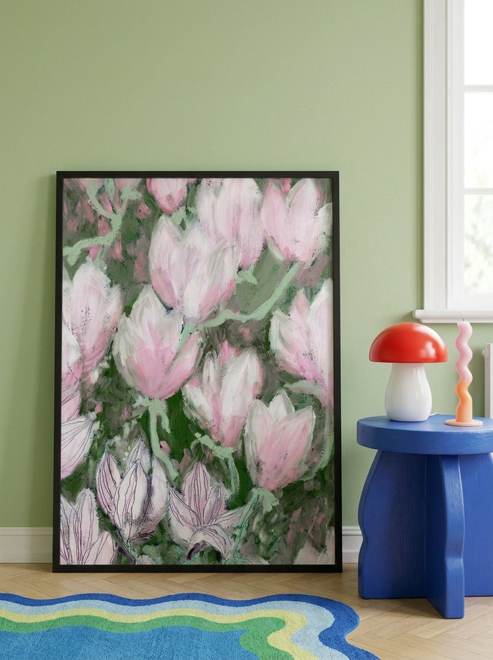 Modern wall art print leaning against the wall in a colourful eclectic nursery