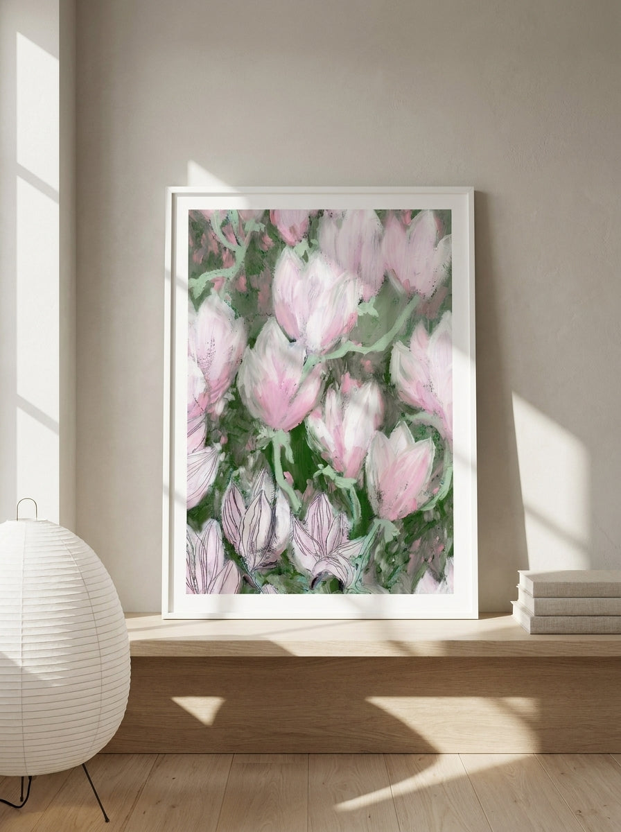Modern wall art print standing on a shelf in a warm Japandi bathroom