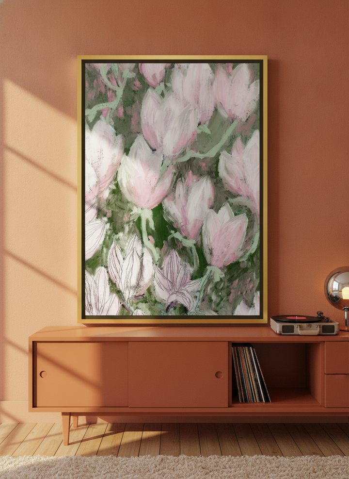 Canvas wall art with a gold leaf surround standing on a sideboard in a retro 70s bedroom