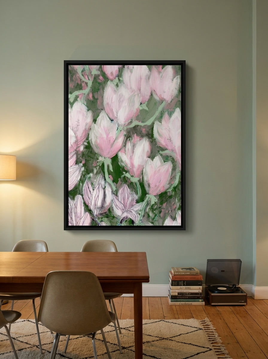 Oversized statement canvas wall art with a black surround styled on the wall in a mid-century dining room