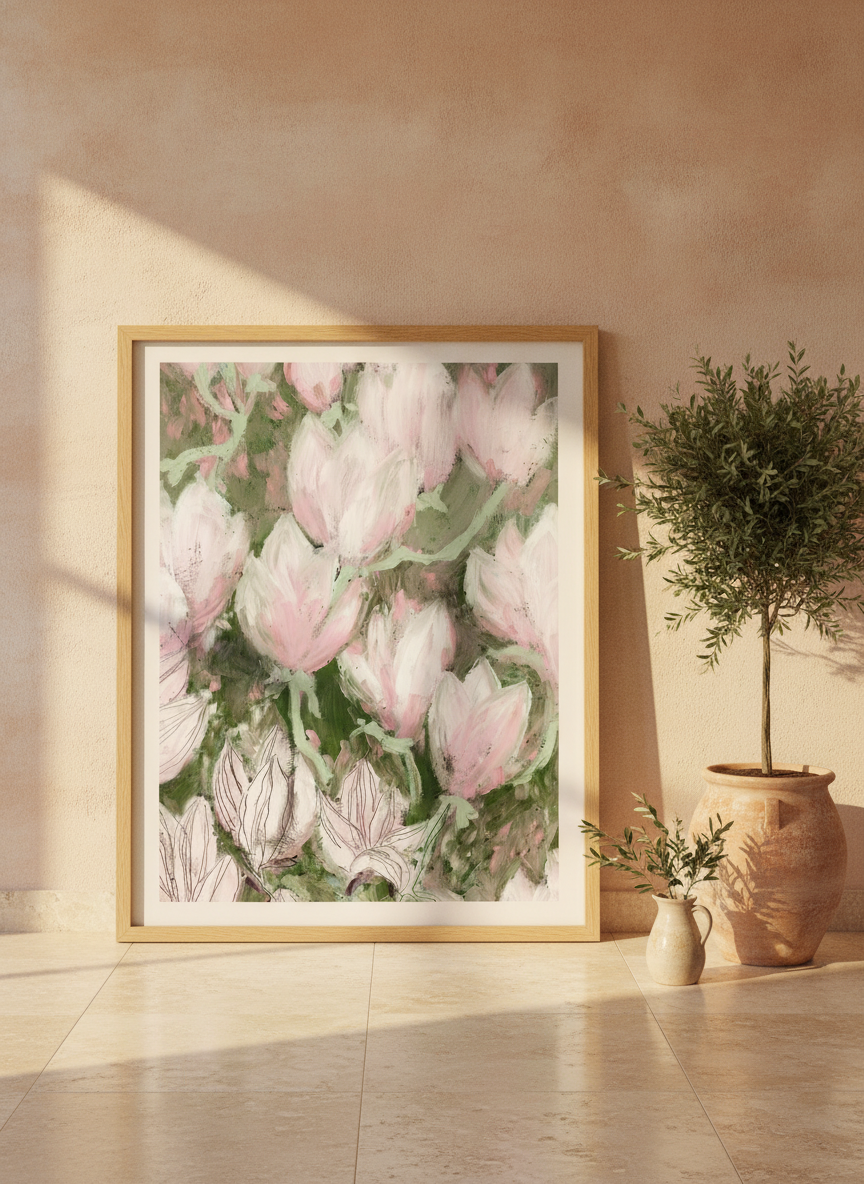 Oversized statement modern wall art print leaning against the wall in a Mediterranean dining room