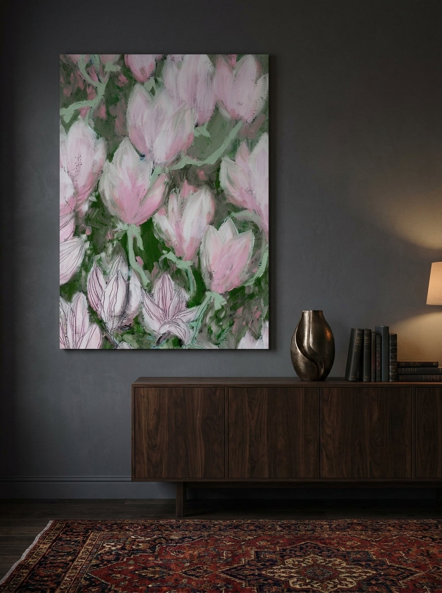 Stretched canvas wall art styled on the wall in a moody living room