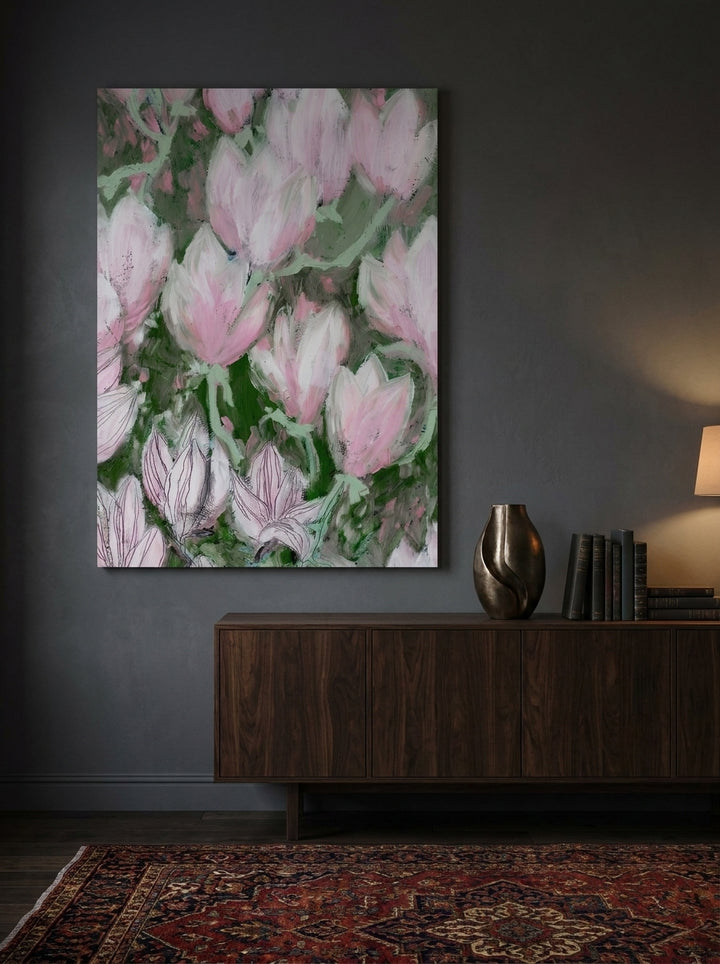 Stretched canvas wall art styled on the wall in a moody living room