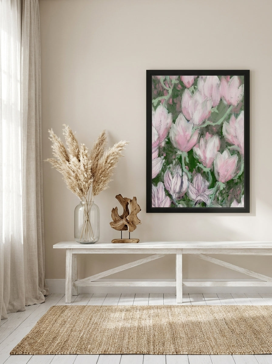 Oversized statement modern wall art print styled on the wall in a coastal living room