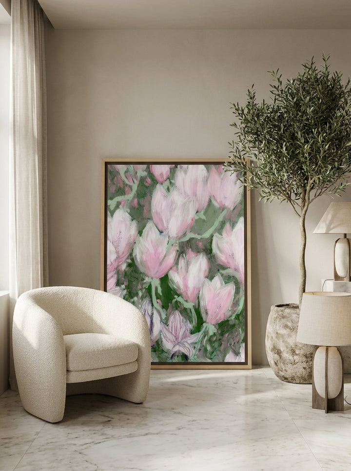 Canvas wall art with a natural timber surround leaning against the wall in a luxe bathroom