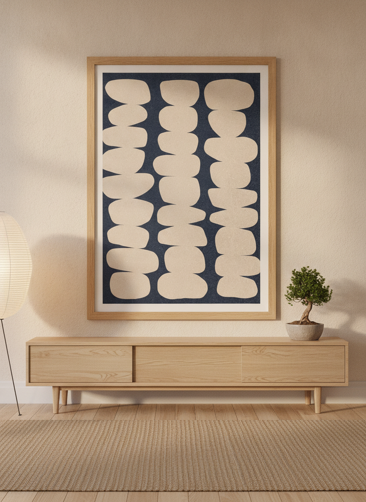 Modern wall art print styled on the wall in a warm Japandi living room