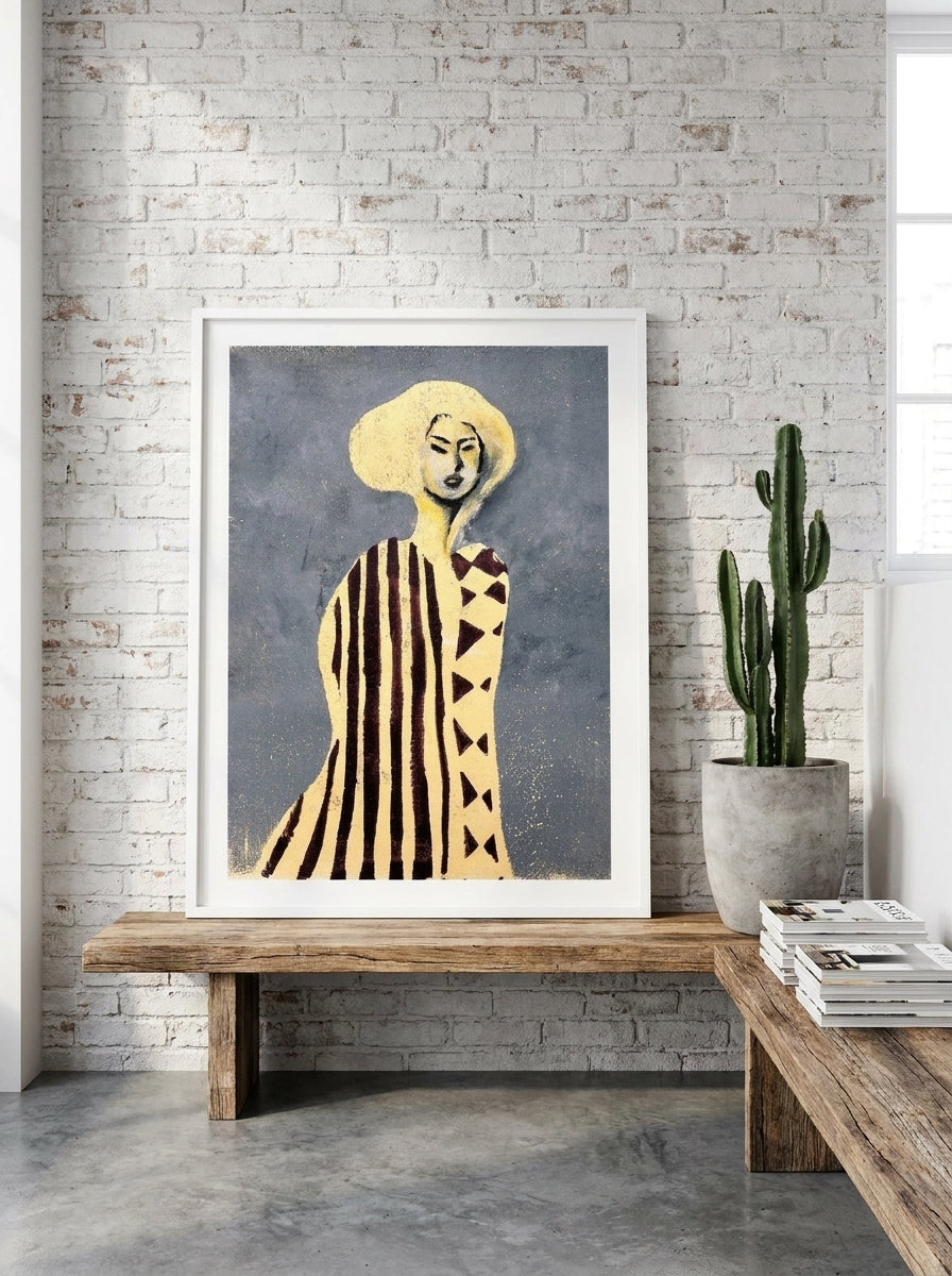 Modern wall art print standing on a bench in an industrial loft bedroom