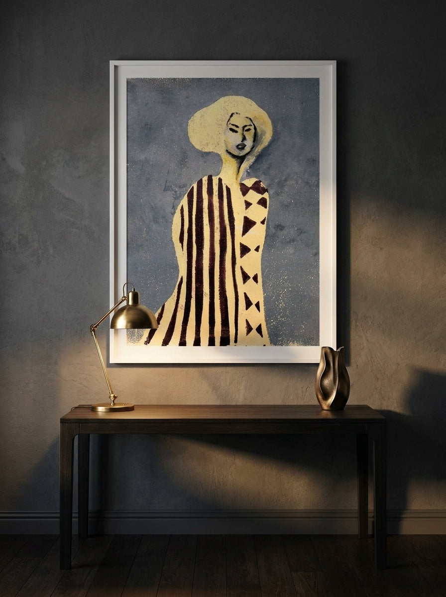 Modern wall art print styled on the wall in a moody home office
