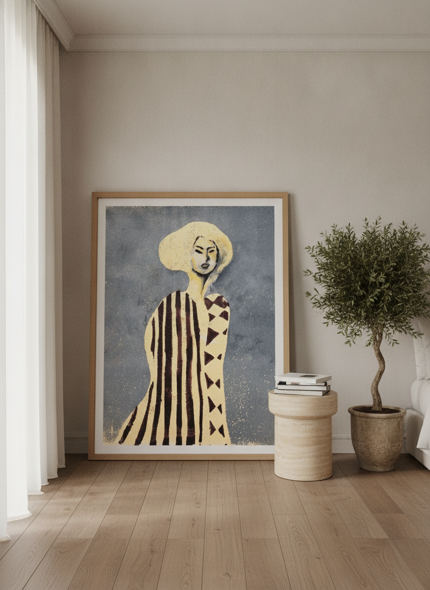 Oversized statement modern wall art print leaning against the wall in a luxe bedroom