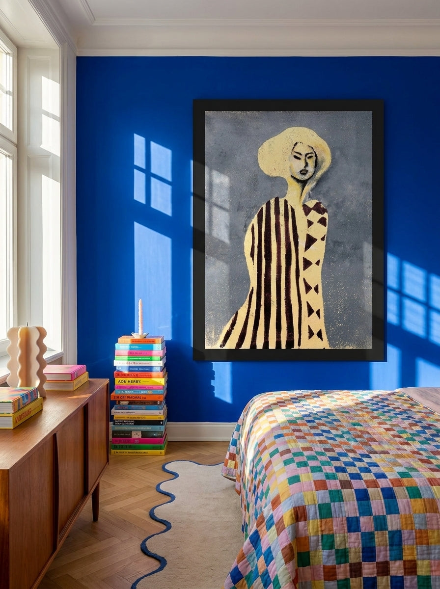 Oversized statement modern wall art print styled on the wall in a colourful eclectic bedroom