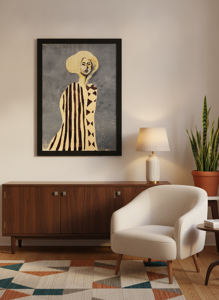 Modern wall art print styled on the wall in a mid-century living room