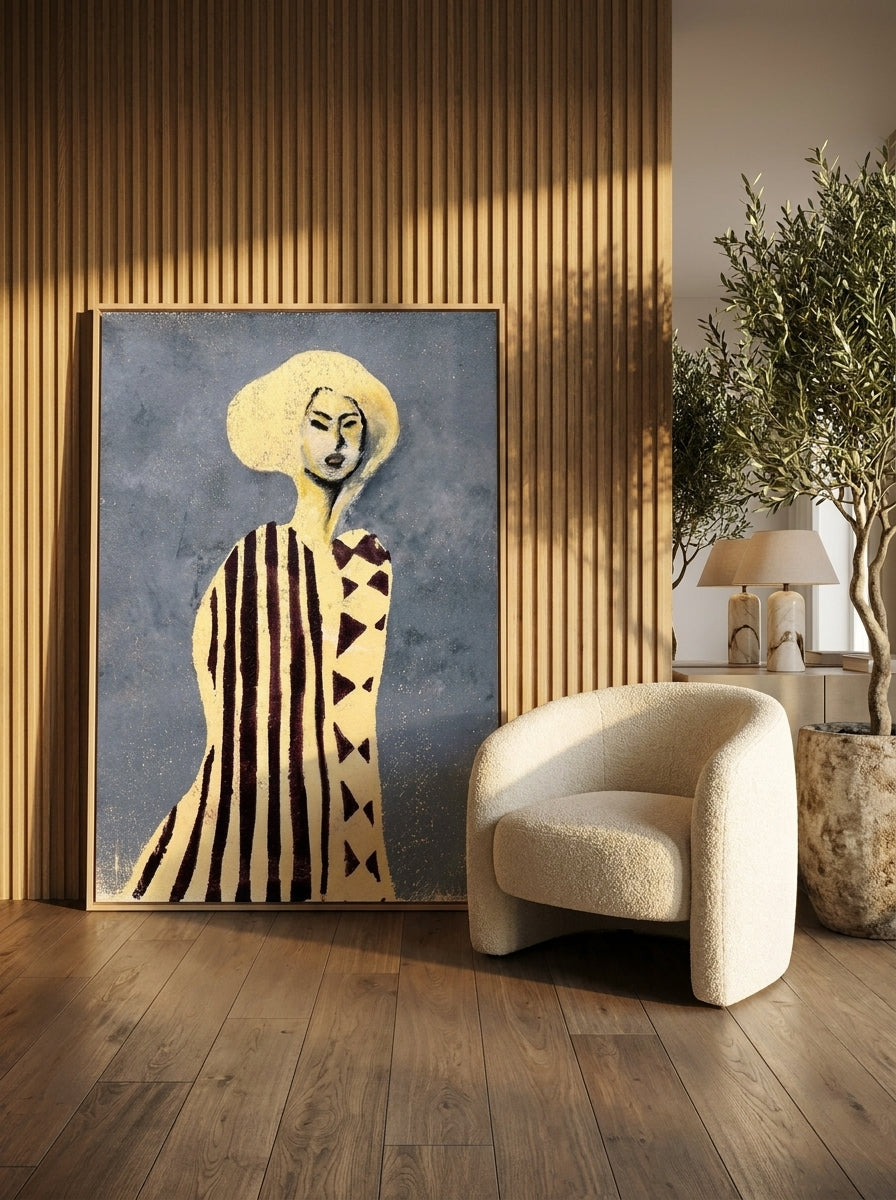 Oversized statement canvas wall art with a natural timber surround leaning against the wall in a luxe dining room