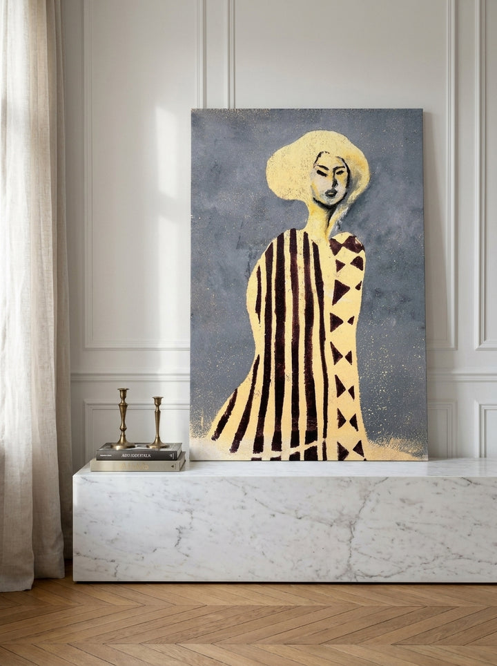 Stretched canvas wall art standing on a console in a Parisian home office