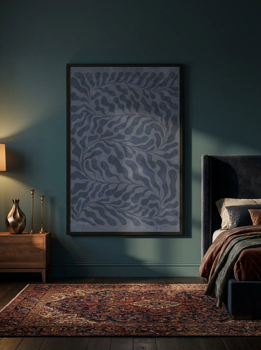 Oversized statement modern wall art print styled on the wall in a moody bedroom