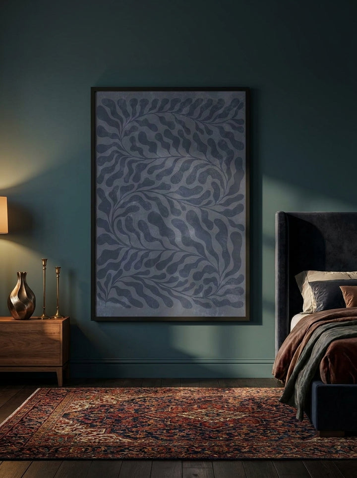 Oversized statement modern wall art print styled on the wall in a moody bedroom