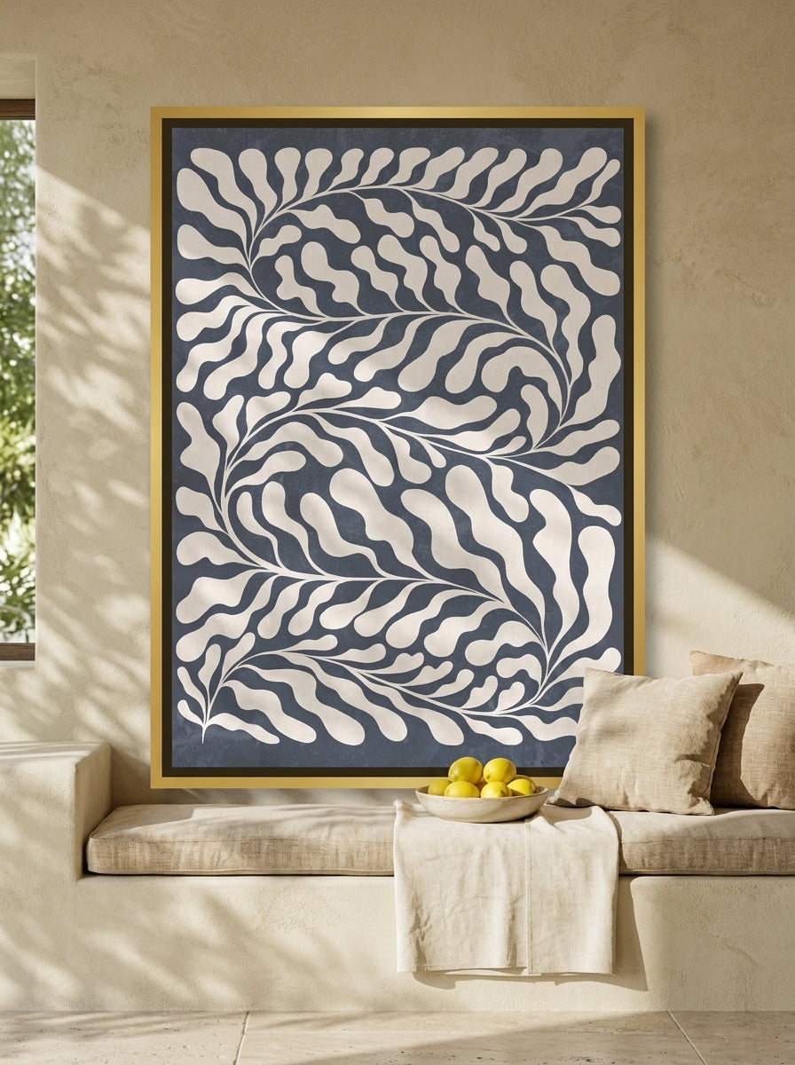 Canvas wall art with a gold leaf surround styled on the wall in a Mediterranean living room