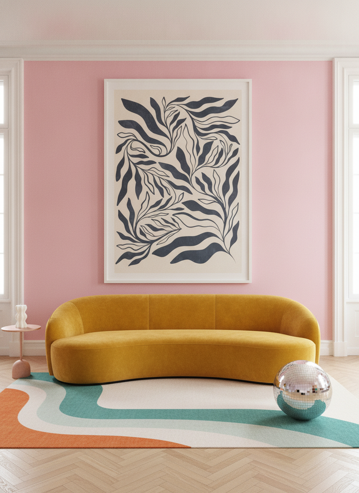 Oversized statement modern wall art print styled on the wall in a colourful eclectic living room