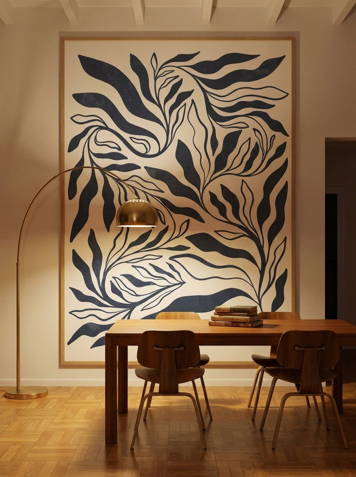 Oversized statement modern wall art print styled on the wall in a mid-century dining room
