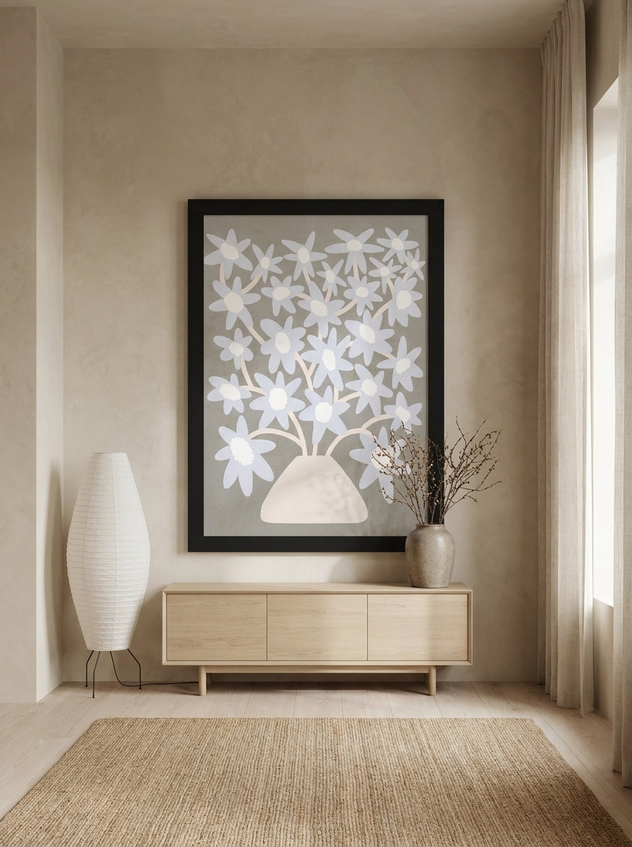 Oversized statement modern wall art print styled on the wall in a warm Japandi living room