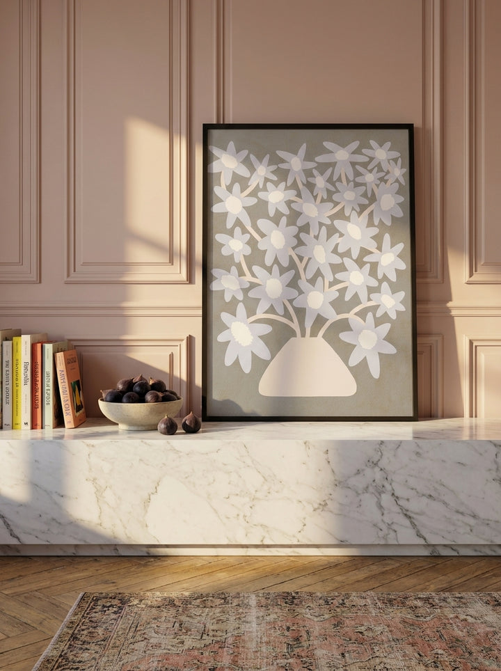 Modern wall art print standing on a kitchen bench in a Parisian kitchen