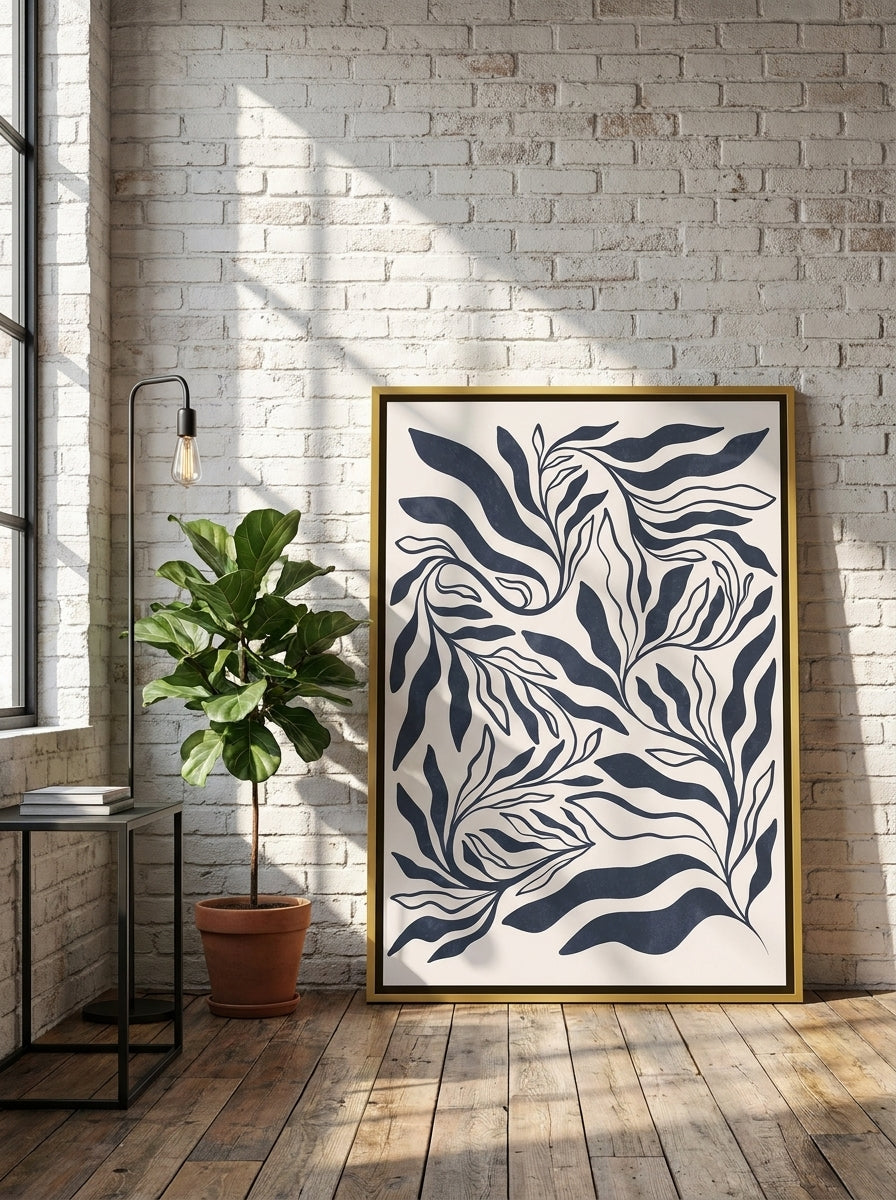 Oversized statement canvas wall art with a gold leaf surround leaning against the wall in an industrial loft living room