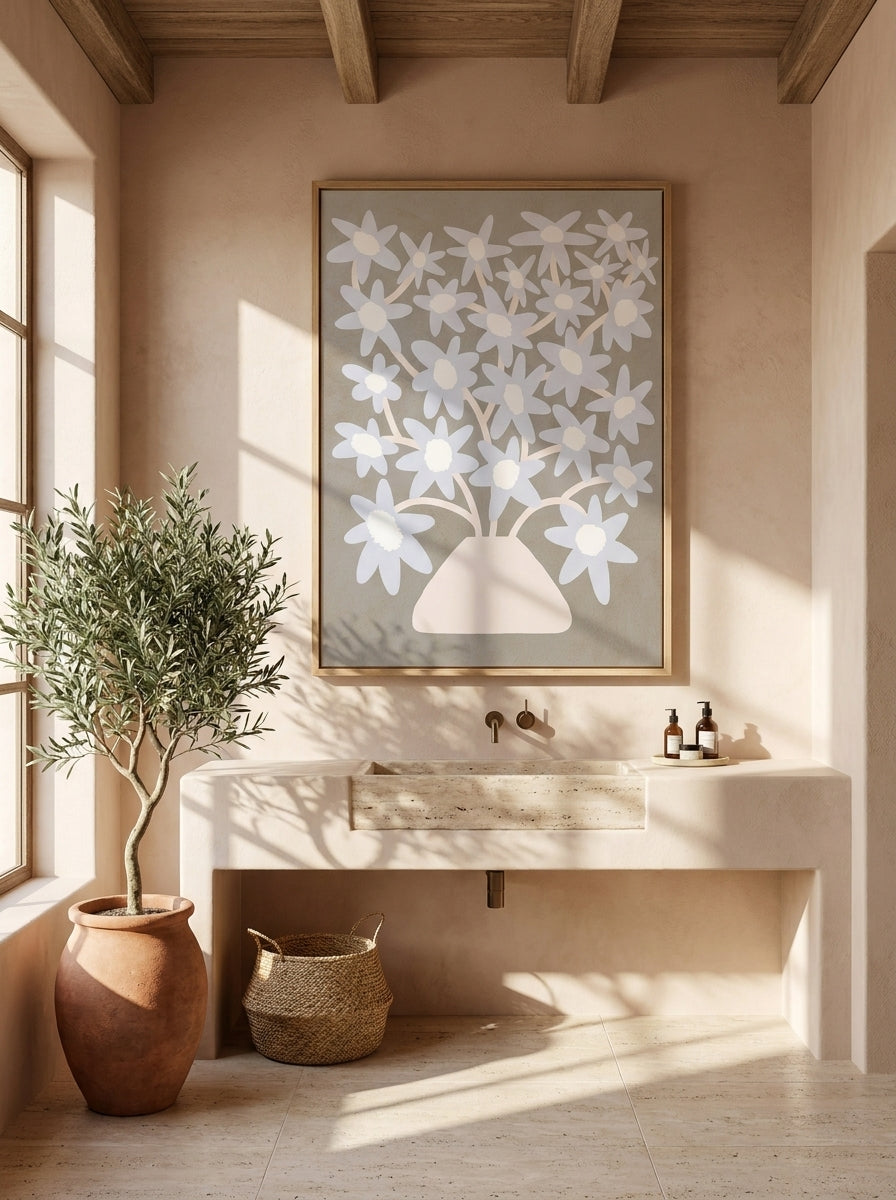 Oversized statement modern wall art print styled on the wall in a Mediterranean bathroom