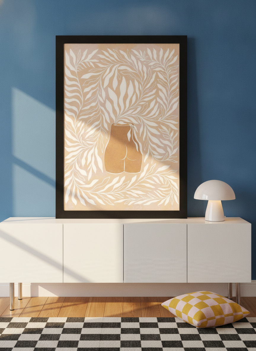 Modern wall art print standing on a sideboard in a colourful eclectic home office