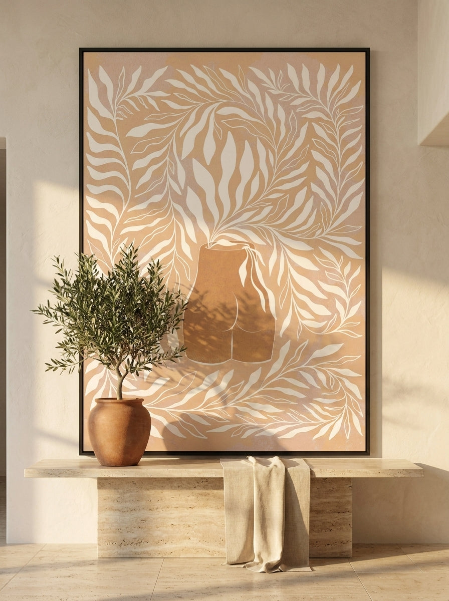 Oversized statement modern wall art print styled on the wall in a Mediterranean living room