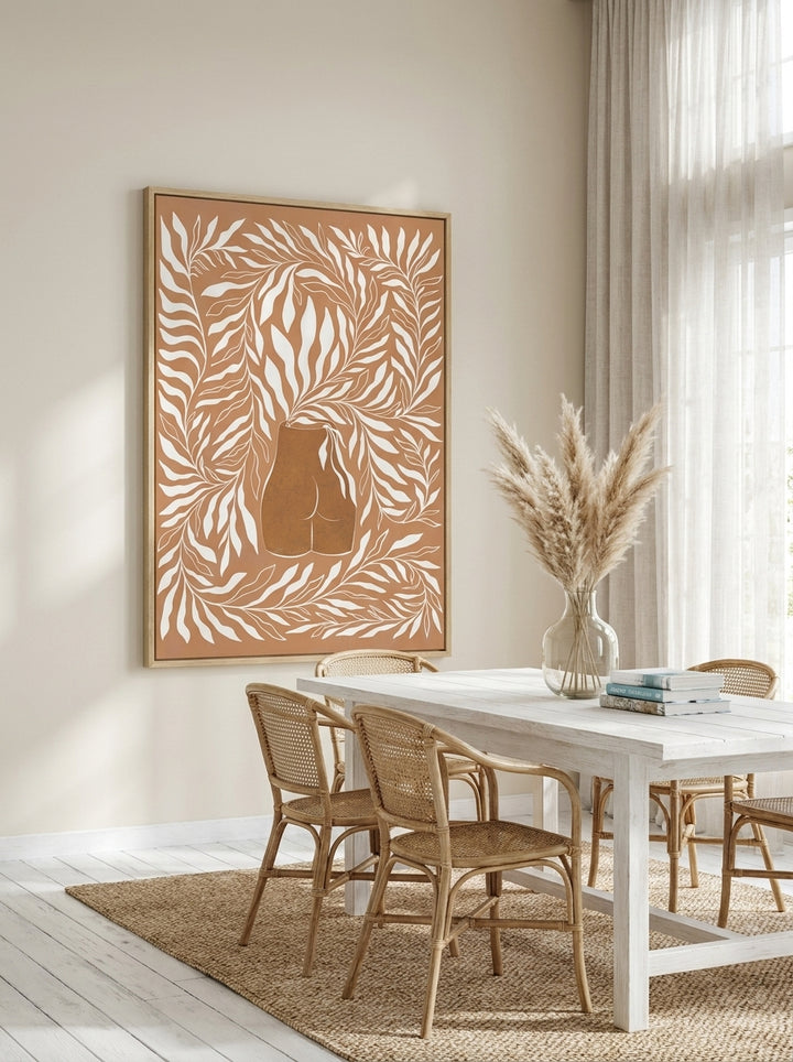 Oversized statement modern wall art print styled on the wall in a coastal dining room