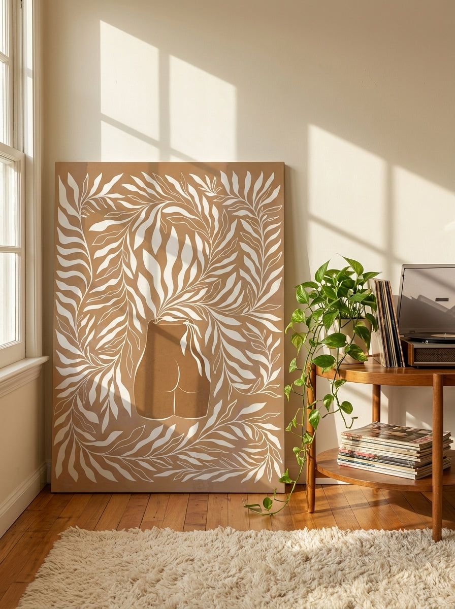 Stretched canvas wall art leaning against the wall in a retro 70s living room