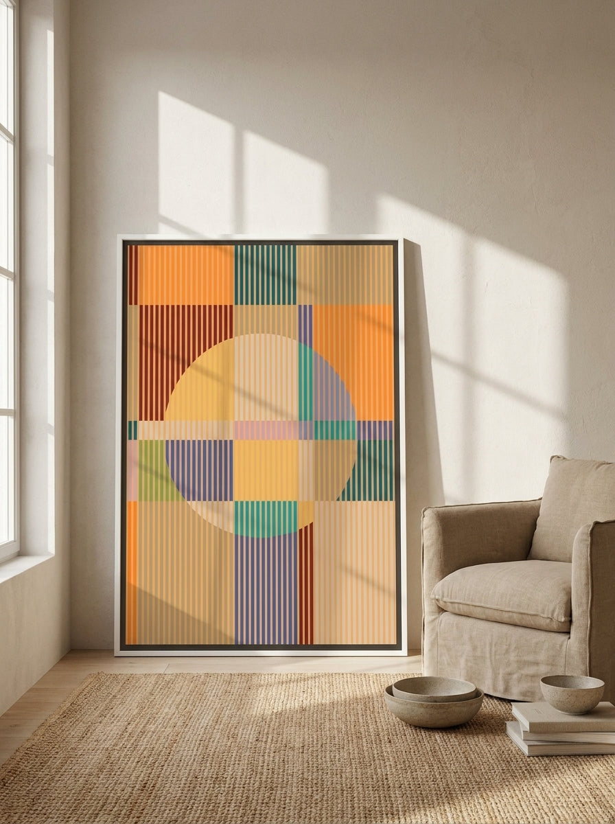 Canvas wall art with a white surround leaning against the wall in a warm Japandi bedroom