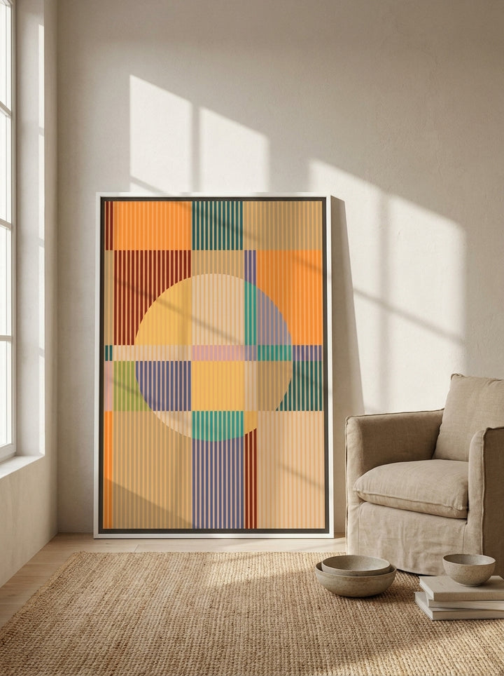 Canvas wall art with a white surround leaning against the wall in a warm Japandi bedroom