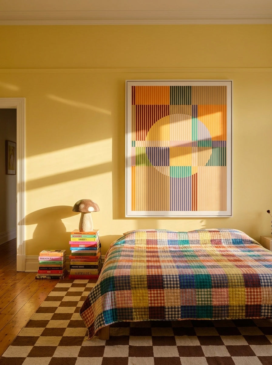 Oversized statement modern wall art print styled on the wall in a colourful eclectic bedroom