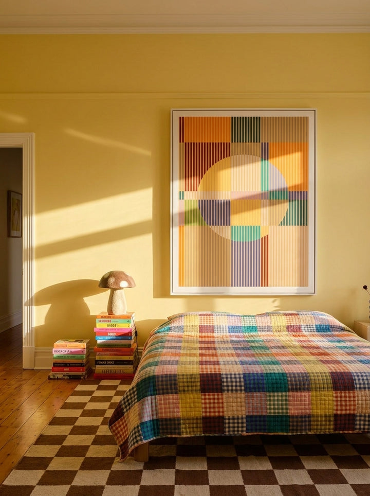 Oversized statement modern wall art print styled on the wall in a colourful eclectic bedroom