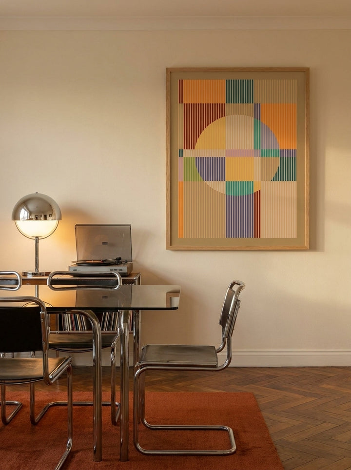 Modern wall art print styled on the wall in a retro 70s dining room