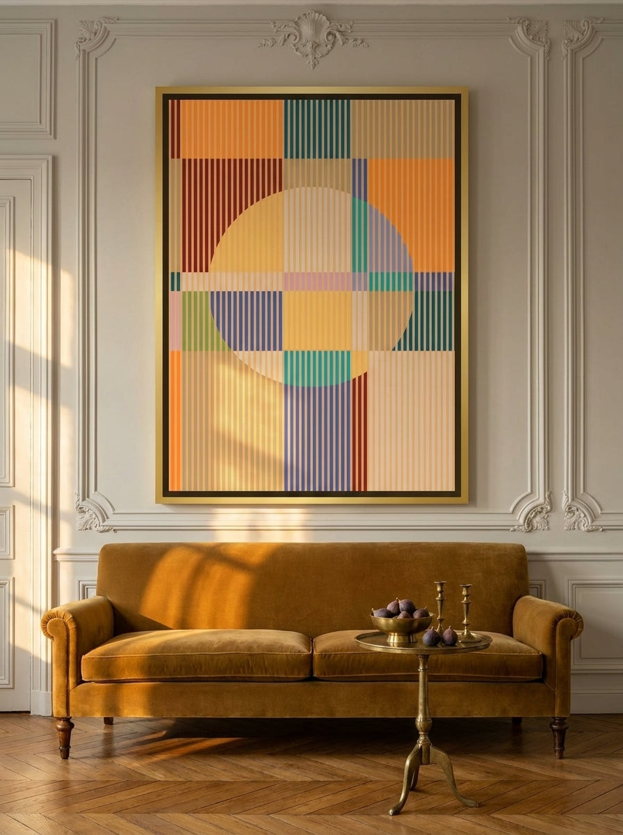 Oversized statement canvas wall art with a gold leaf surround styled on the wall in a Parisian living room