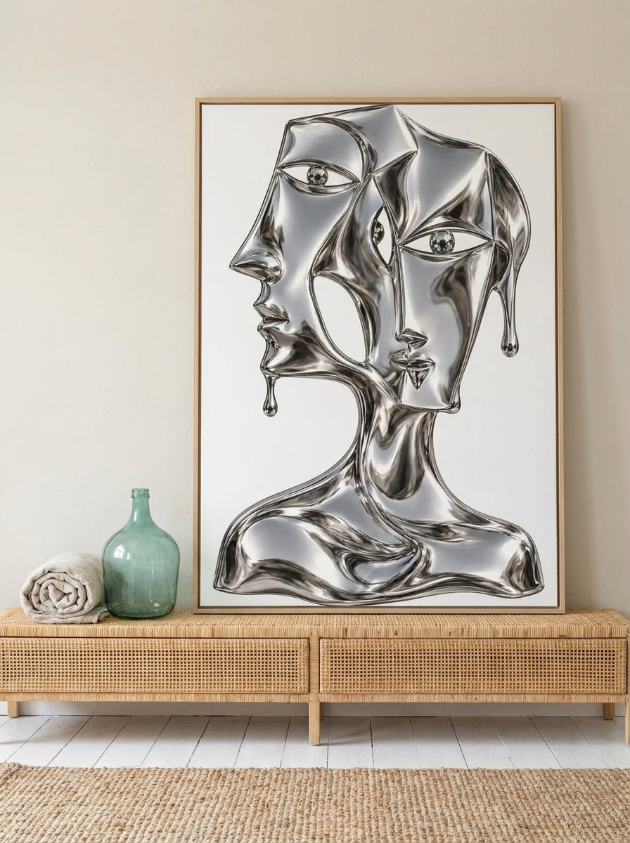 Canvas wall art with a natural timber surround standing on a sideboard in a coastal home office