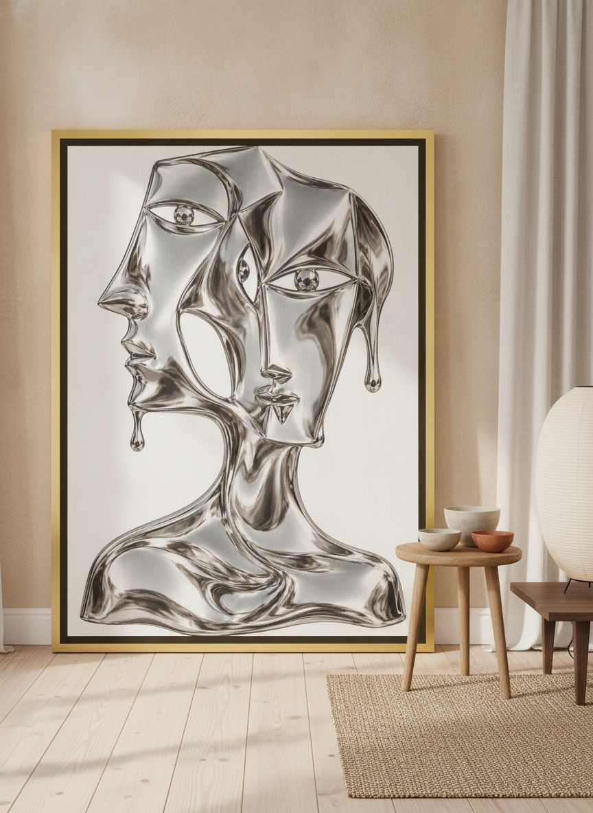 Oversized statement canvas wall art with a gold leaf surround leaning against the wall in a warm Japandi living room