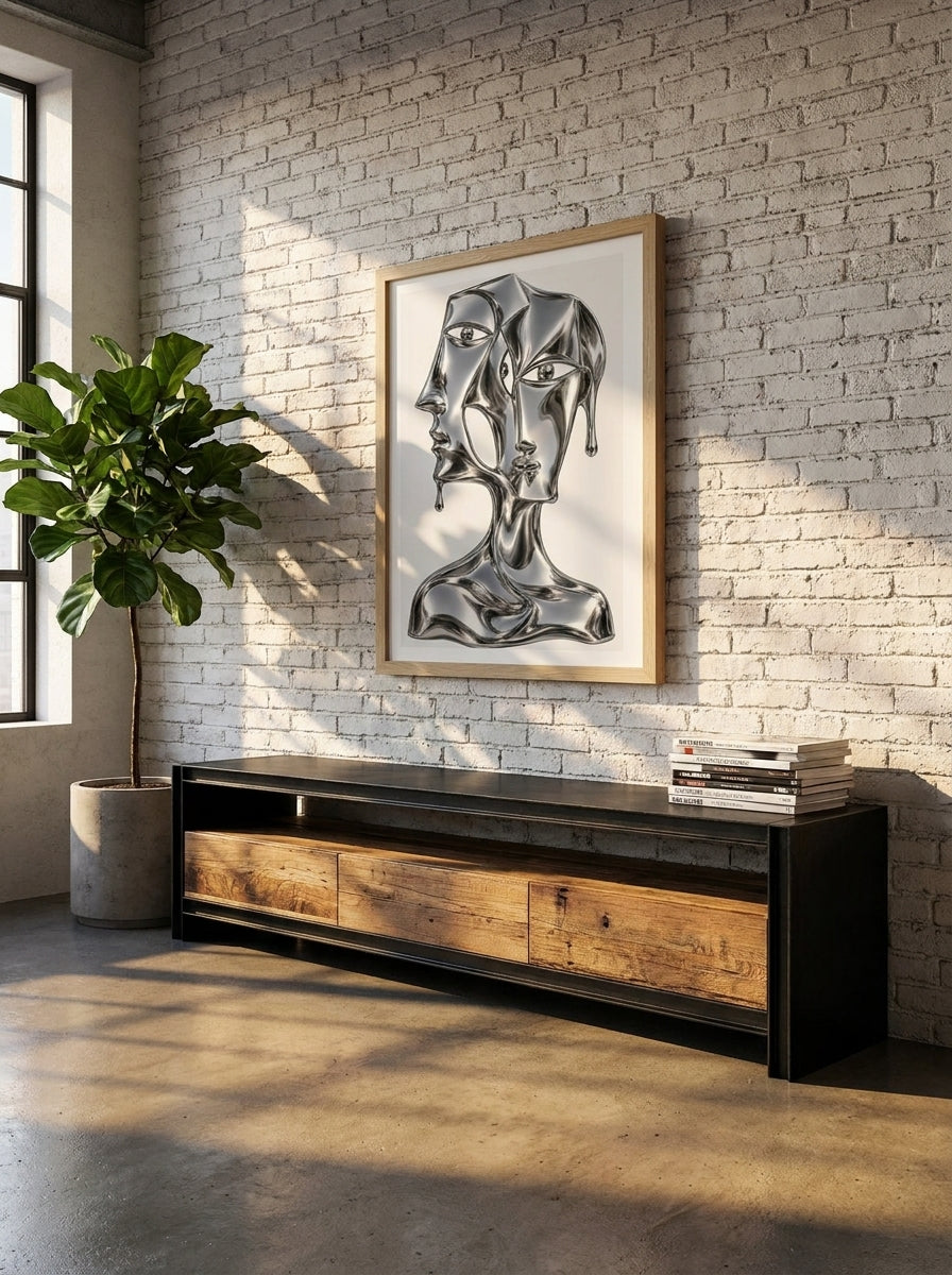 Modern wall art print styled on the wall in an industrial loft living room
