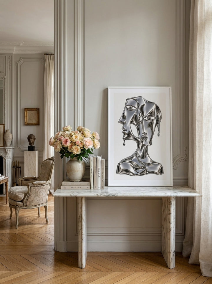 Modern wall art print standing on a console in a Parisian living room