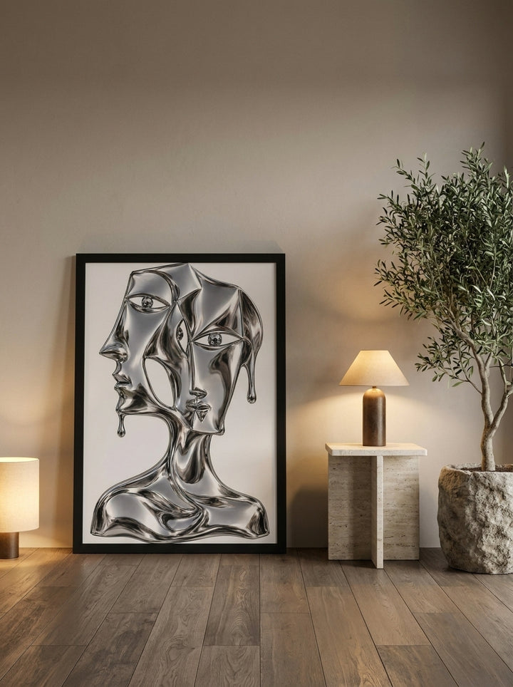 Oversized statement modern wall art print leaning against the wall in a luxe bedroom