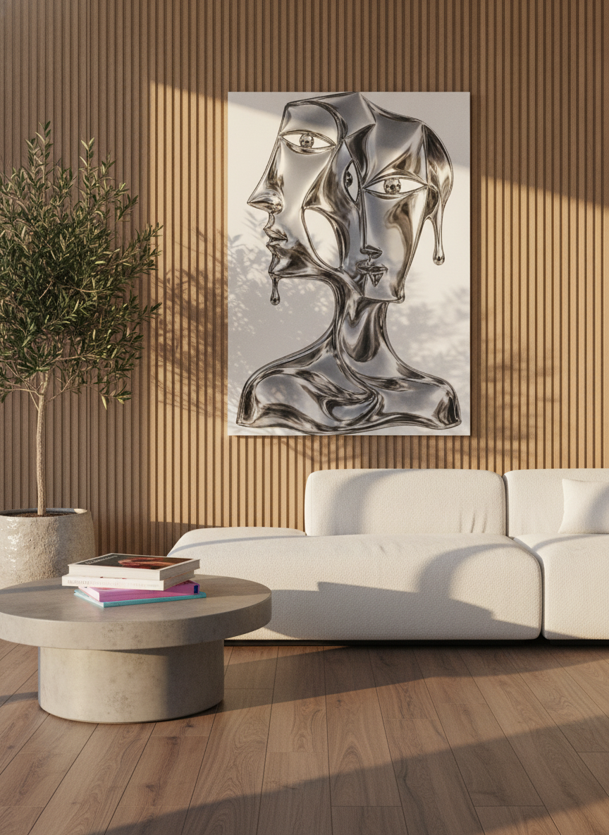 Stretched canvas wall art styled on the wall in a luxe living room
