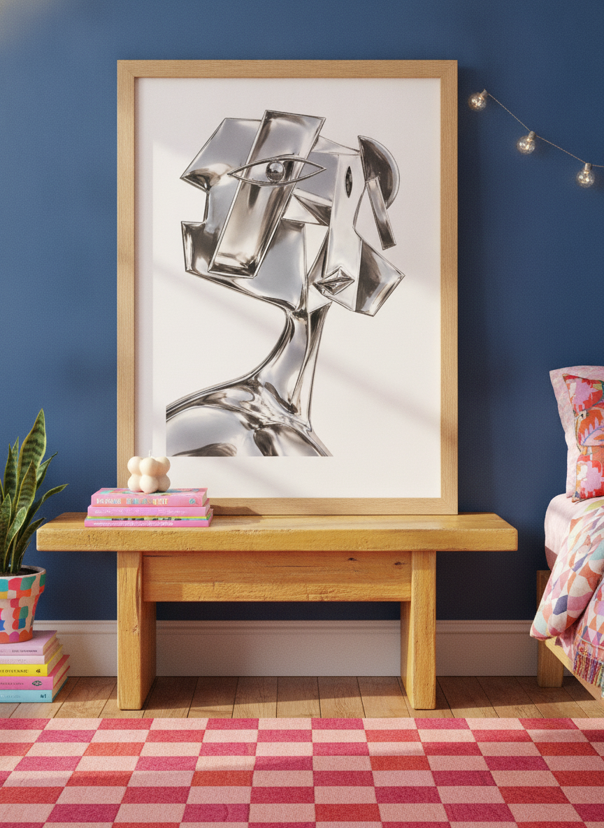 Modern wall art print standing on a side table in a colourful eclectic bedroom